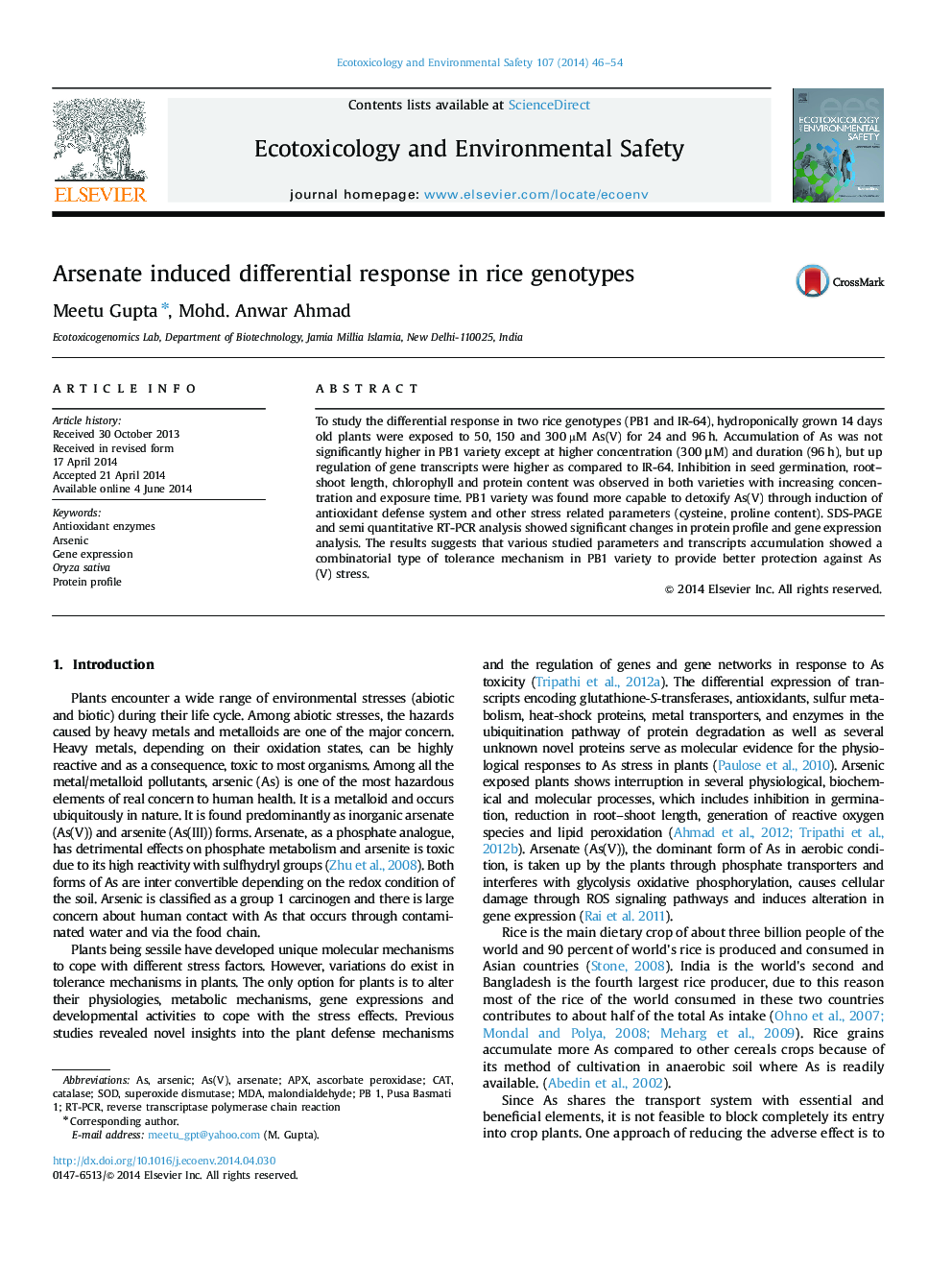 Arsenate induced differential response in rice genotypes