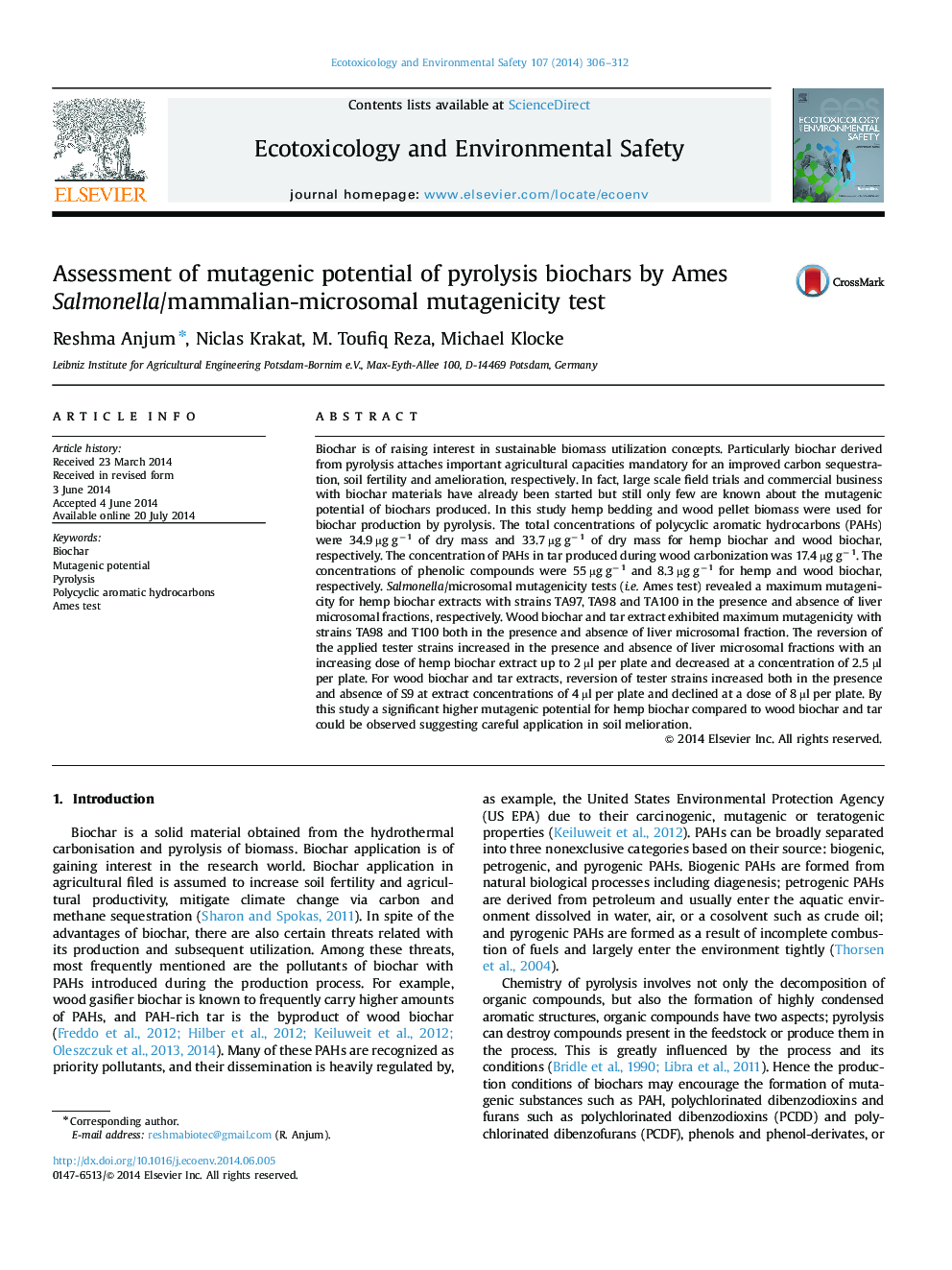 Assessment of mutagenic potential of pyrolysis biochars by Ames Salmonella/mammalian-microsomal mutagenicity test