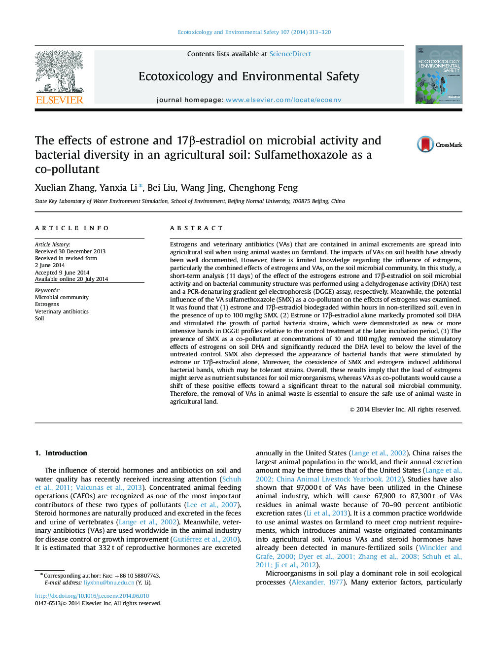 The effects of estrone and 17β-estradiol on microbial activity and bacterial diversity in an agricultural soil: Sulfamethoxazole as a co-pollutant