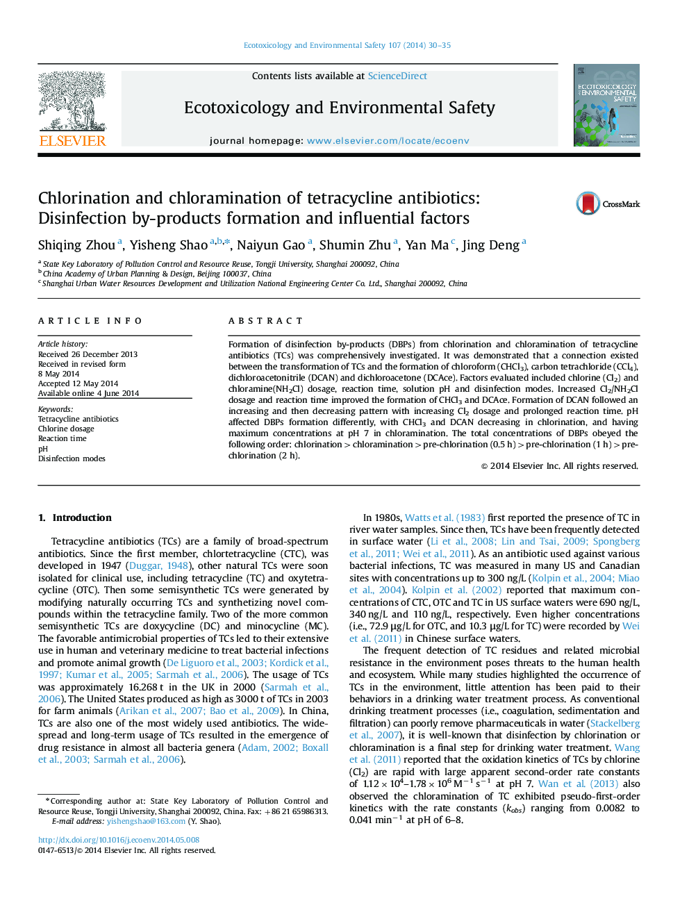 Chlorination and chloramination of tetracycline antibiotics: Disinfection by-products formation and influential factors