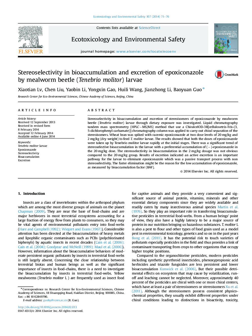 Stereoselectivity in bioaccumulation and excretion of epoxiconazole by mealworm beetle (Tenebrio molitor) larvae