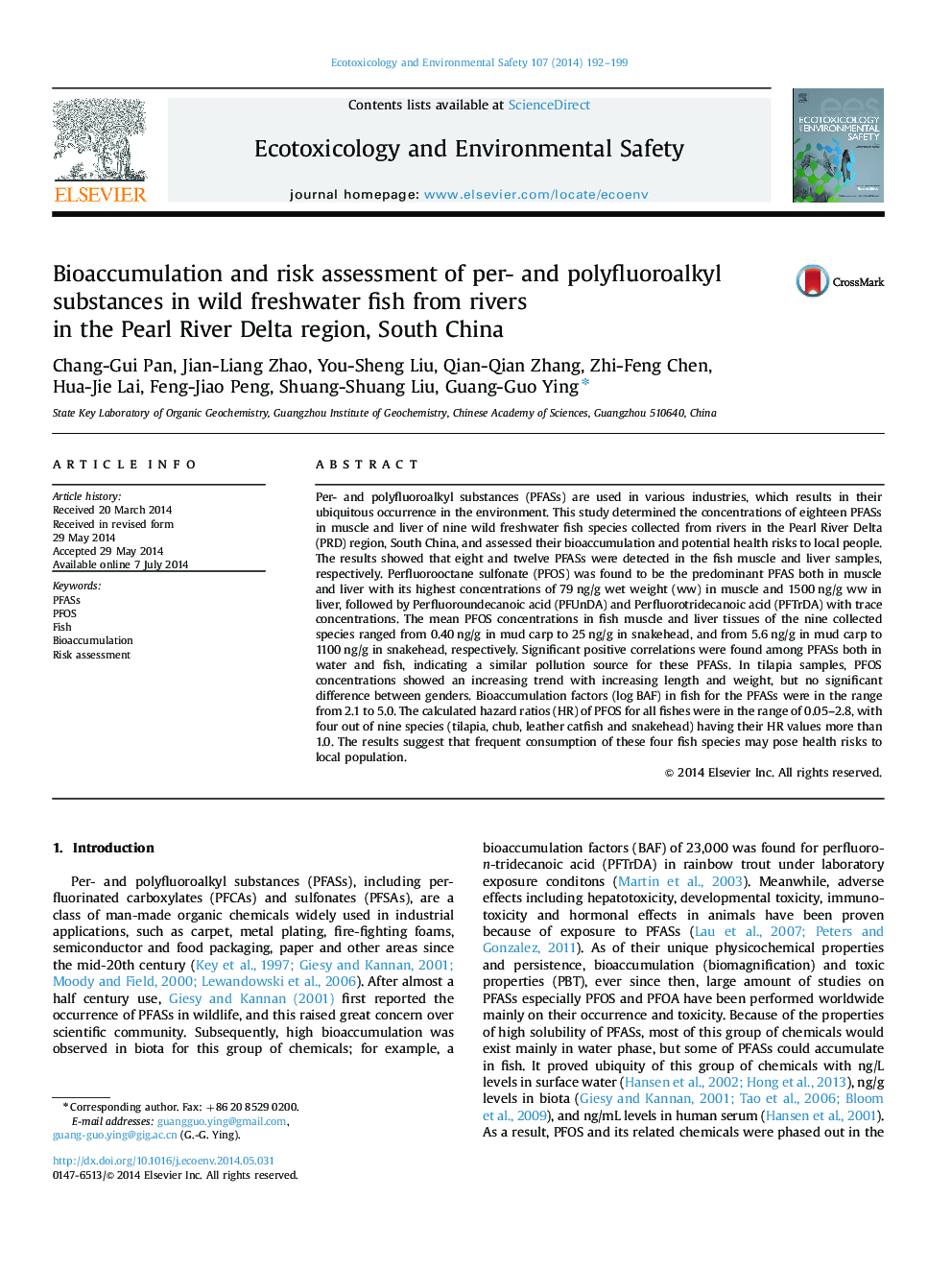 Bioaccumulation and risk assessment of per- and polyfluoroalkyl substances in wild freshwater fish from rivers in the Pearl River Delta region, South China