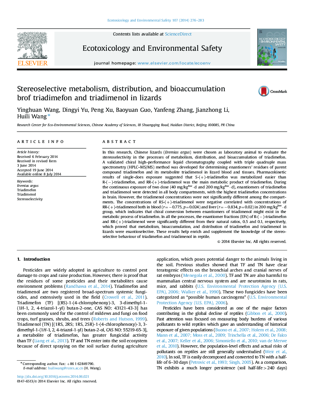 Stereoselective metabolism, distribution, and bioaccumulation brof triadimefon and triadimenol in lizards