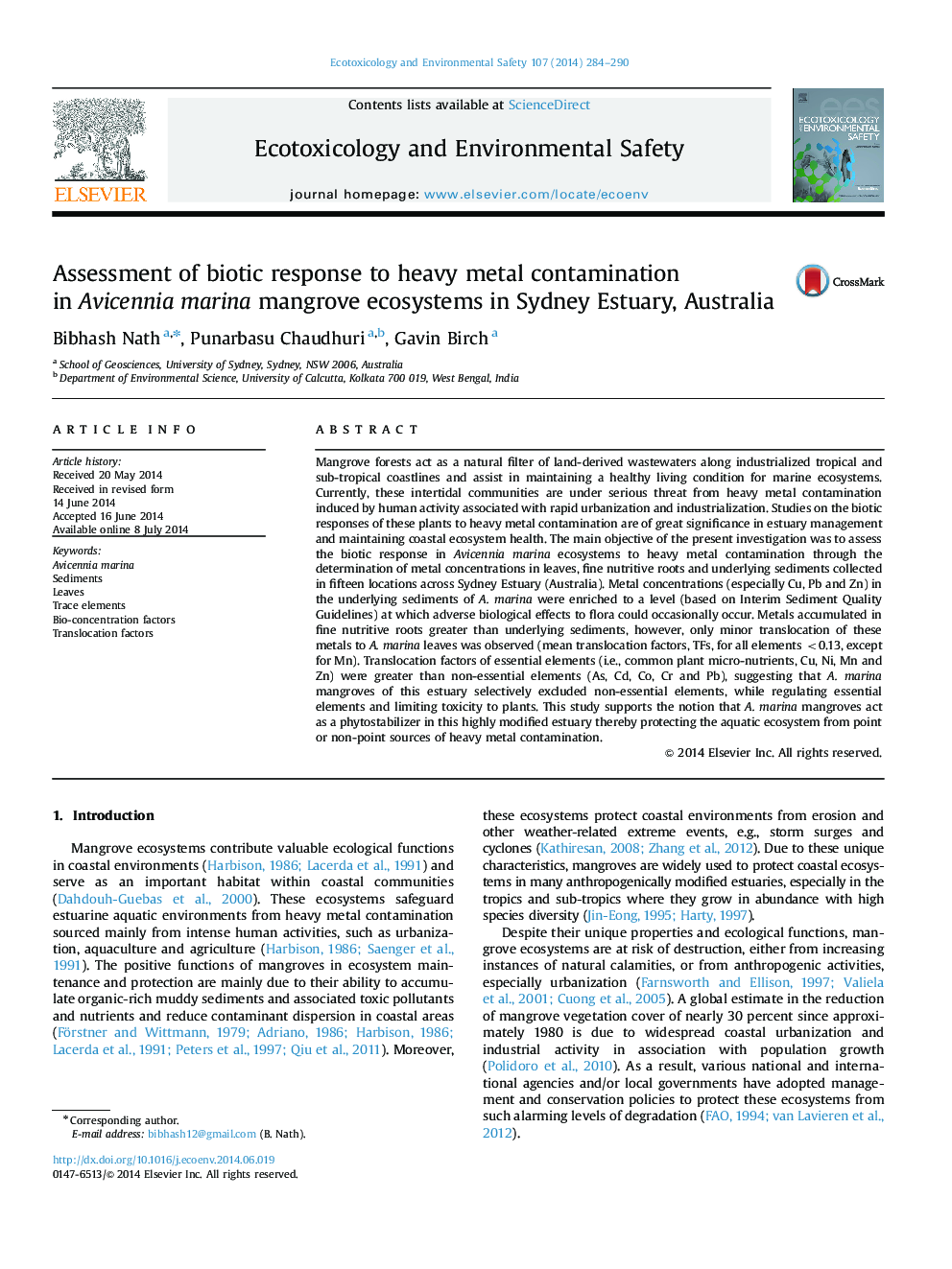 Assessment of biotic response to heavy metal contamination in Avicennia marina mangrove ecosystems in Sydney Estuary, Australia