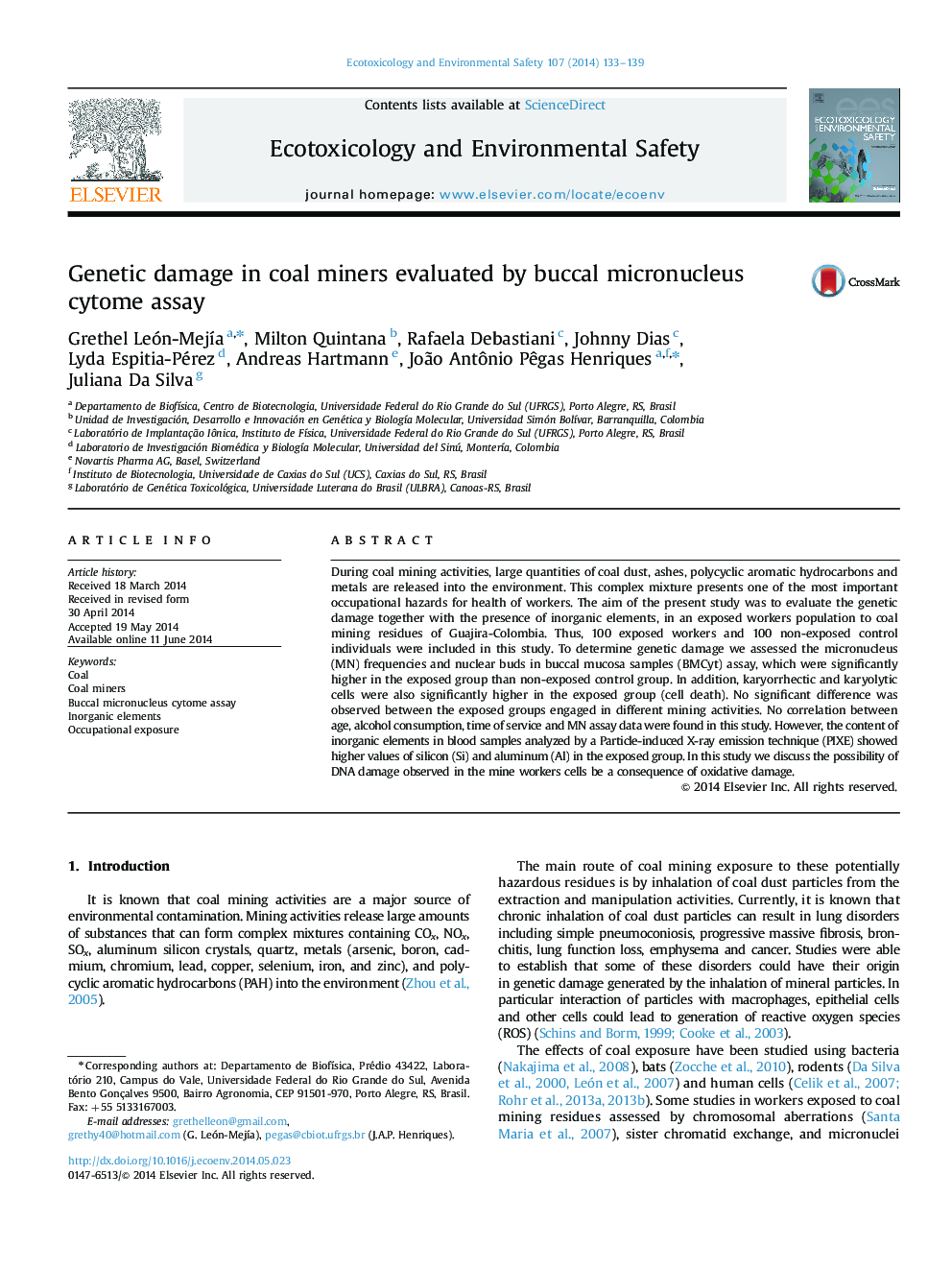 Genetic damage in coal miners evaluated by buccal micronucleus cytome assay