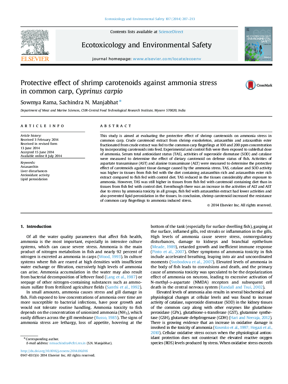 Protective effect of shrimp carotenoids against ammonia stress in common carp, Cyprinus carpio