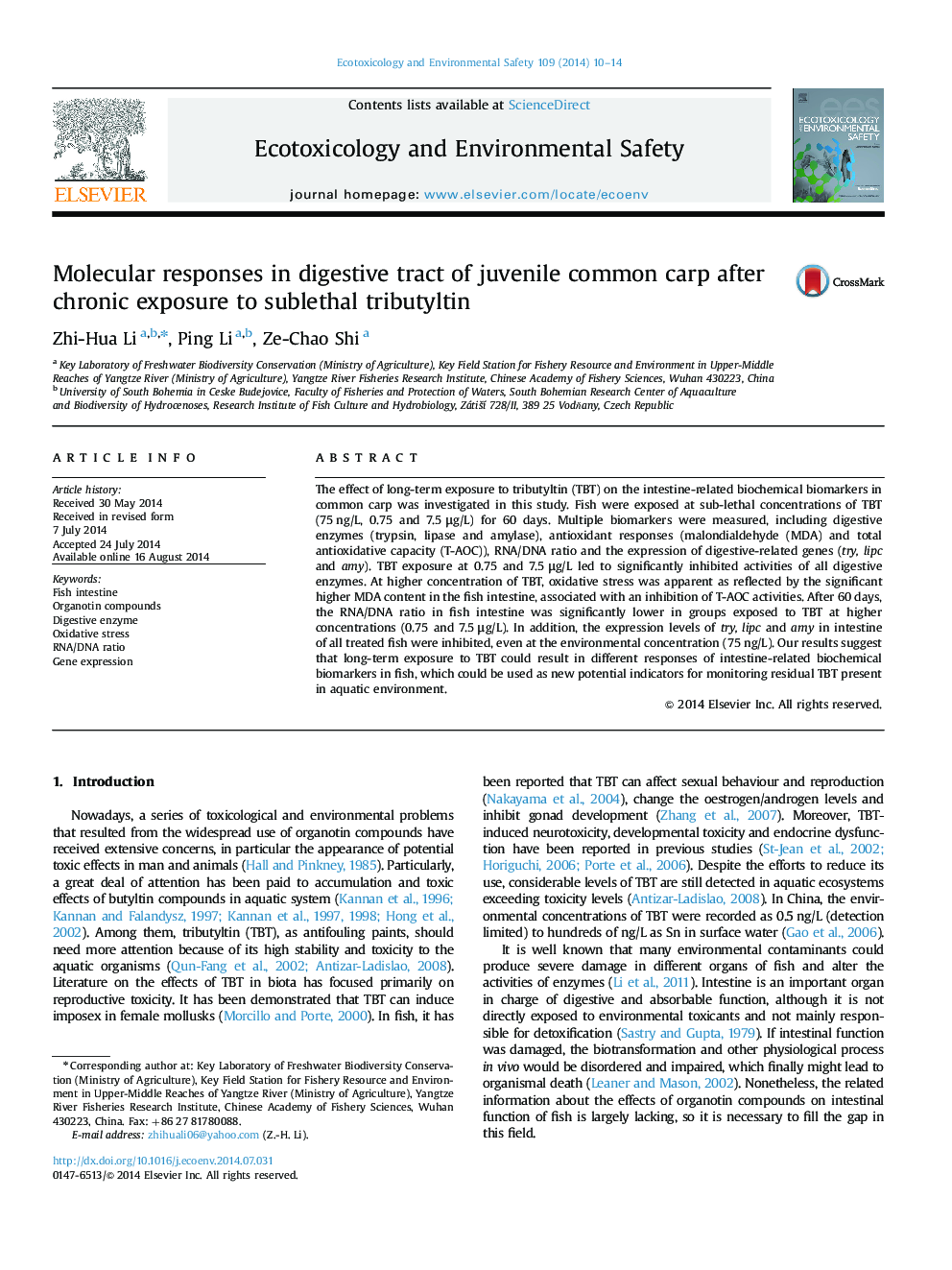 Molecular responses in digestive tract of juvenile common carp after chronic exposure to sublethal tributyltin