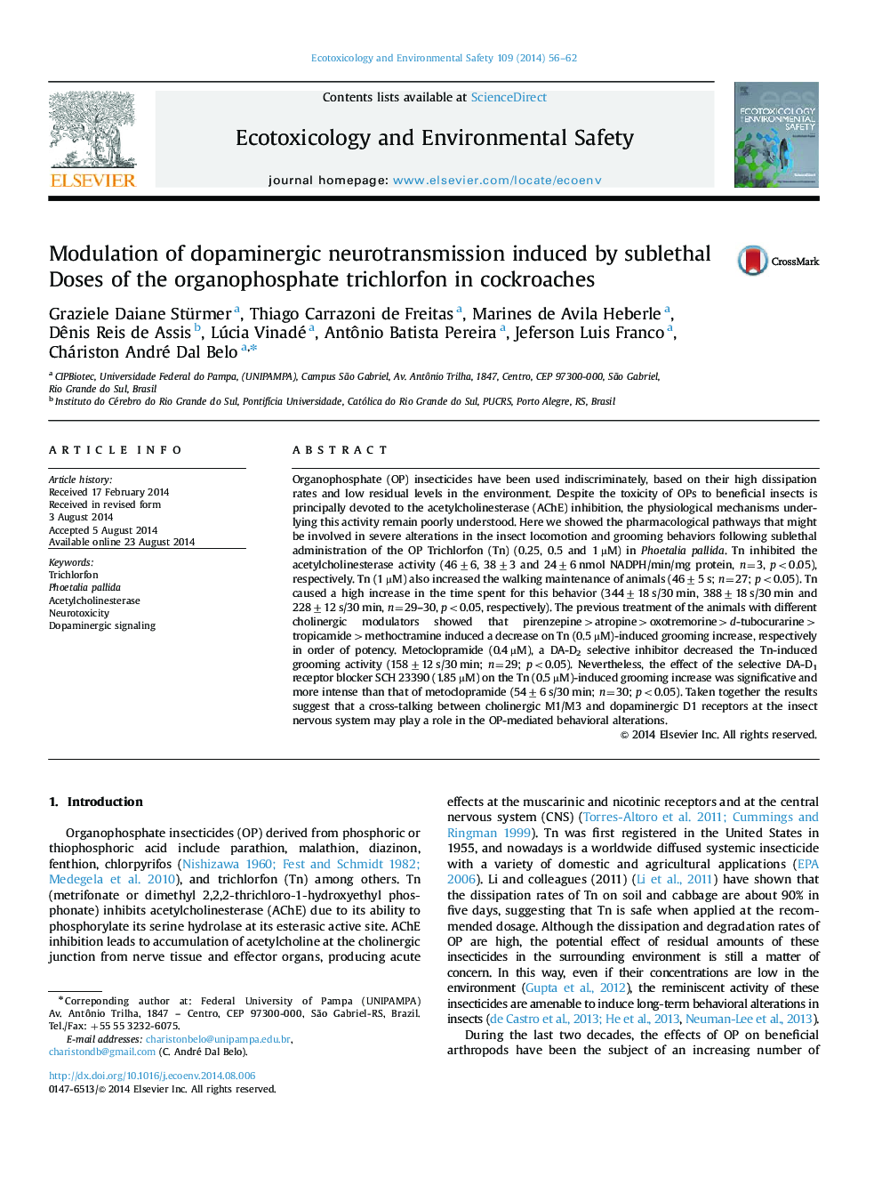 Modulation of dopaminergic neurotransmission induced by sublethal Doses of the organophosphate trichlorfon in cockroaches