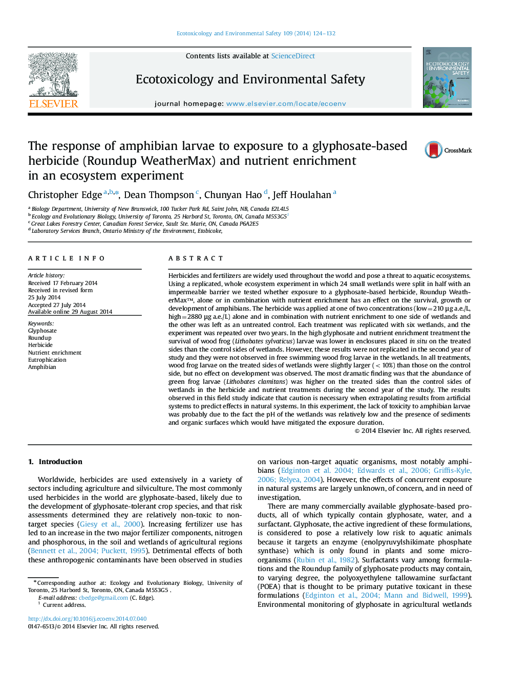 The response of amphibian larvae to exposure to a glyphosate-based herbicide (Roundup WeatherMax) and nutrient enrichment in an ecosystem experiment