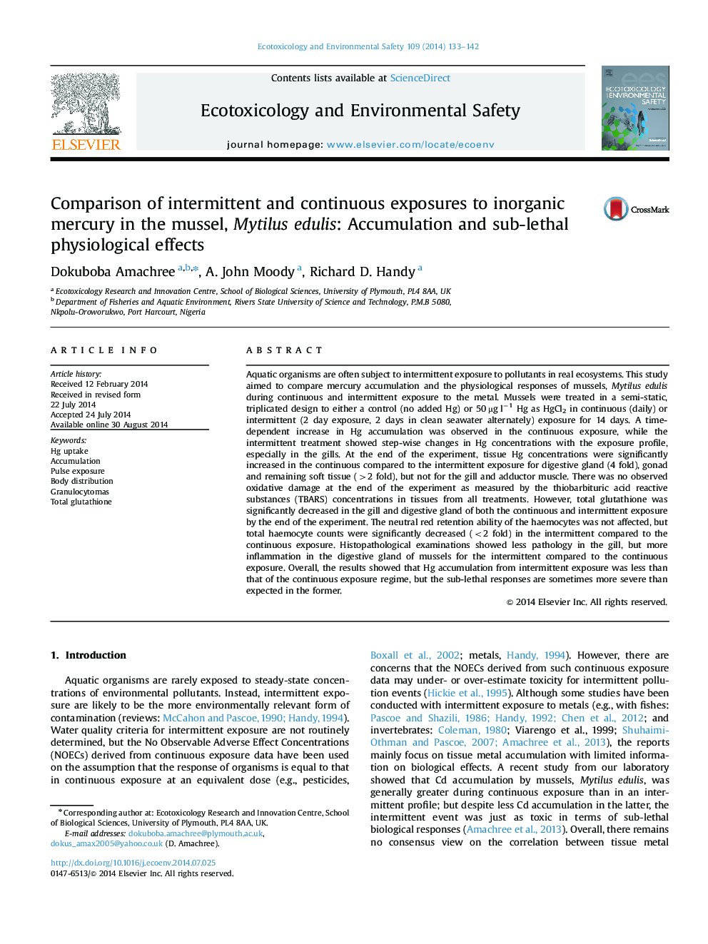 Comparison of intermittent and continuous exposures to inorganic mercury in the mussel, Mytilus edulis: Accumulation and sub-lethal physiological effects