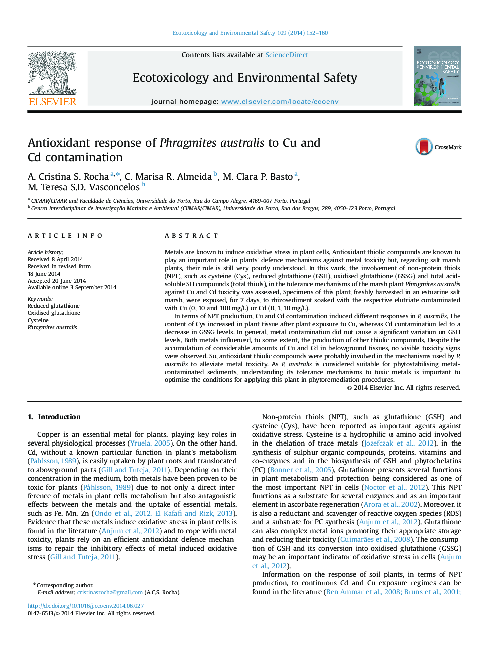 Antioxidant response of Phragmites australis to Cu and Cd contamination