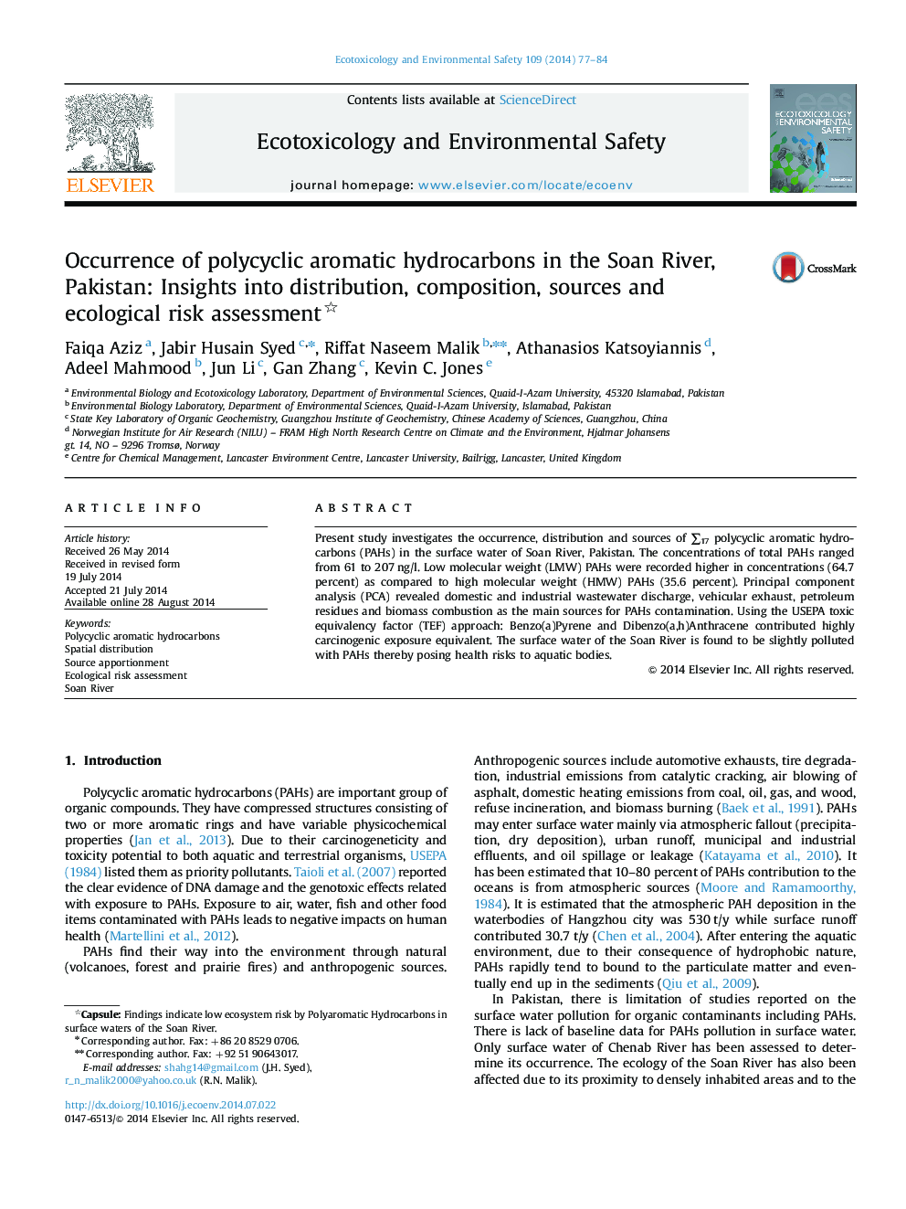 Occurrence of polycyclic aromatic hydrocarbons in the Soan River, Pakistan: Insights into distribution, composition, sources and ecological risk assessment 