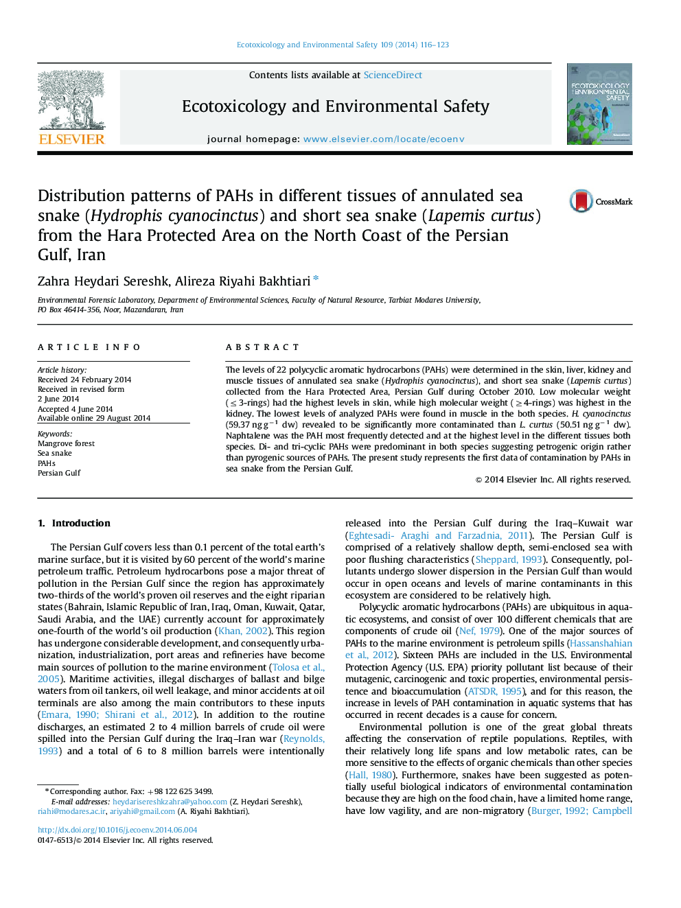 Distribution patterns of PAHs in different tissues of annulated sea snake (Hydrophis cyanocinctus) and short sea snake (Lapemis curtus) from the Hara Protected Area on the North Coast of the Persian Gulf, Iran