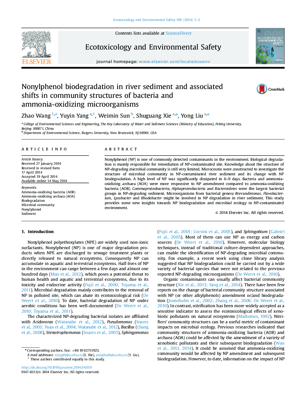 Nonylphenol biodegradation in river sediment and associated shifts in community structures of bacteria and ammonia-oxidizing microorganisms