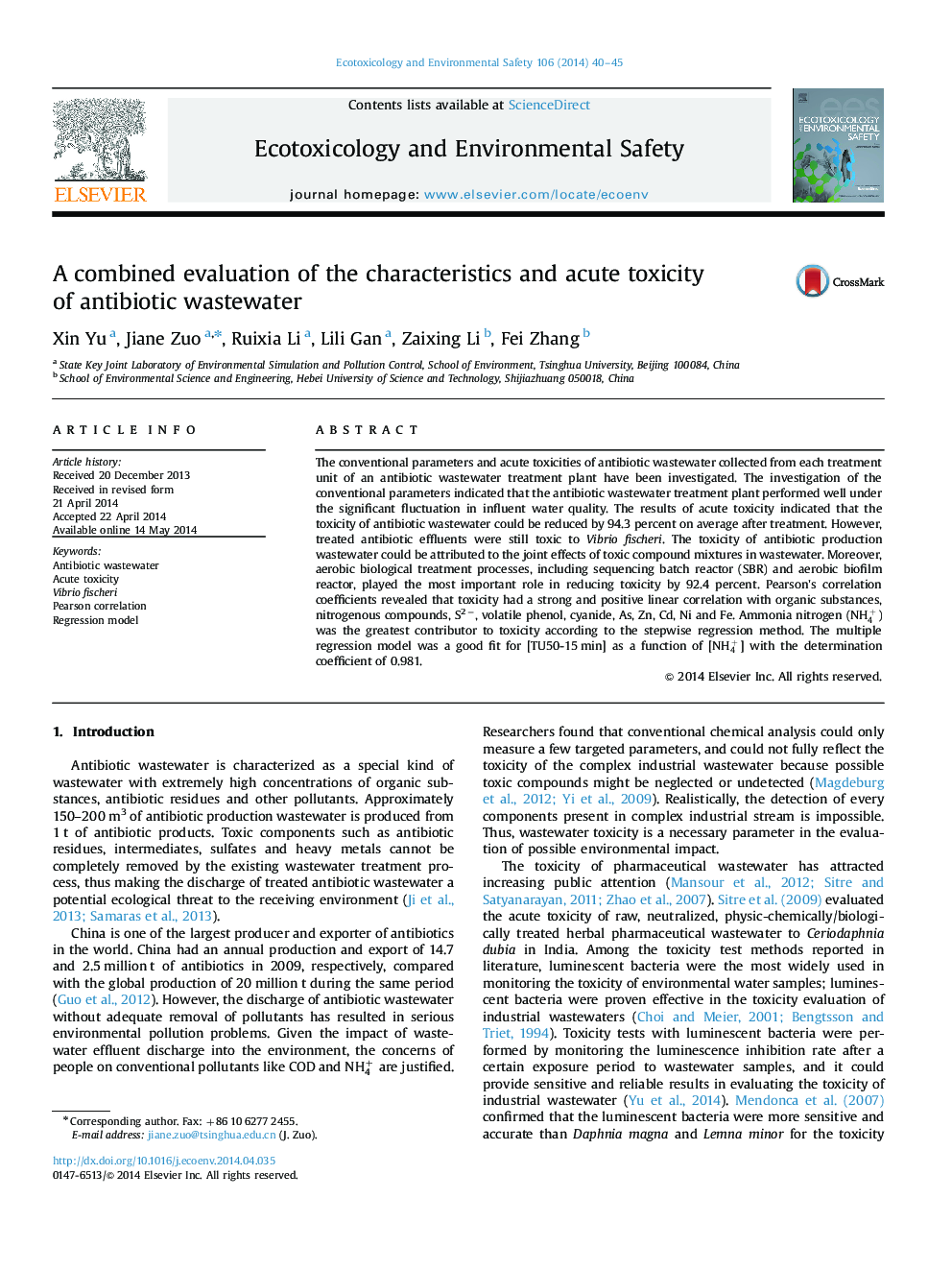 A combined evaluation of the characteristics and acute toxicity of antibiotic wastewater