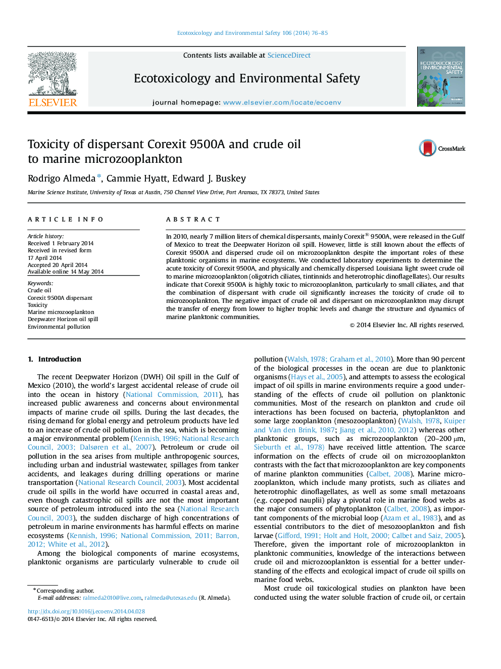 Toxicity of dispersant Corexit 9500A and crude oil to marine microzooplankton