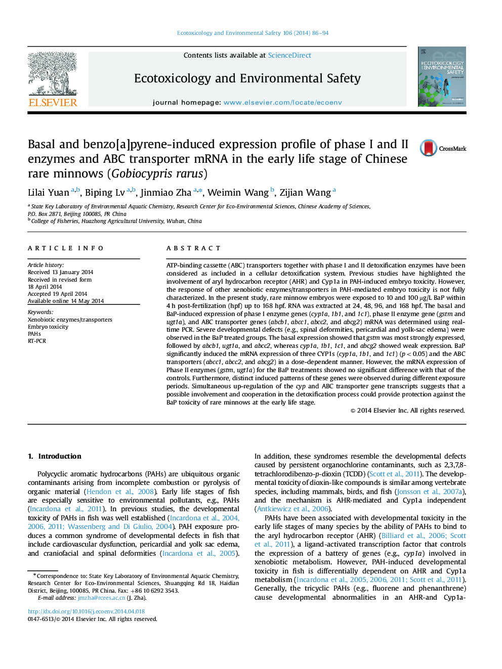 Basal and benzo[a]pyrene-induced expression profile of phase I and II enzymes and ABC transporter mRNA in the early life stage of Chinese rare minnows (Gobiocypris rarus)