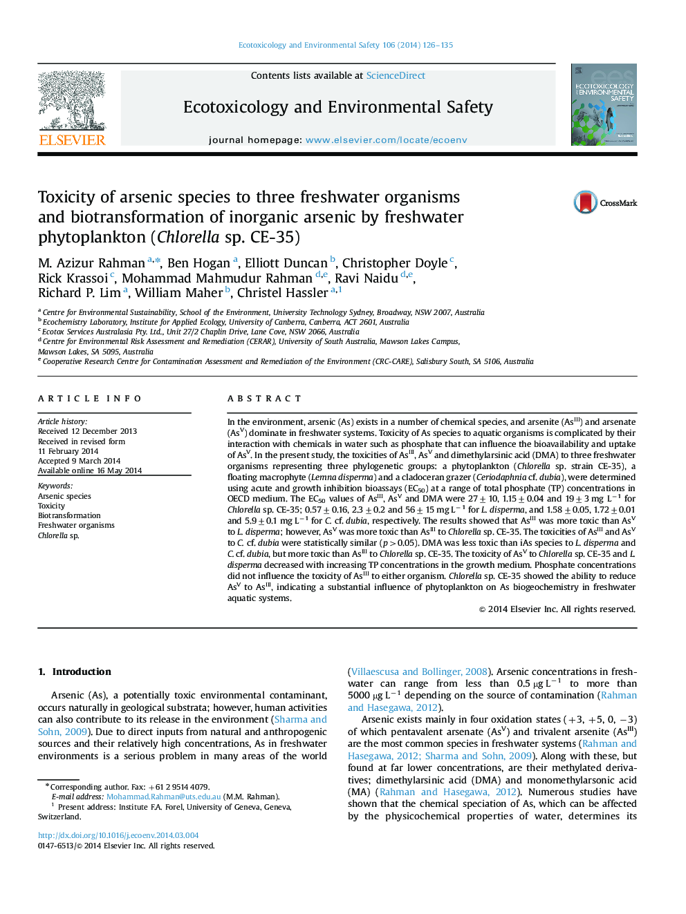 Toxicity of arsenic species to three freshwater organisms and biotransformation of inorganic arsenic by freshwater phytoplankton (Chlorella sp. CE-35)