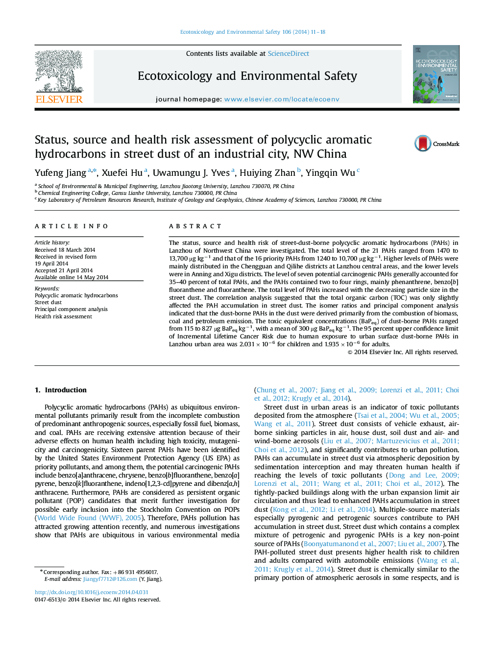 Status, source and health risk assessment of polycyclic aromatic hydrocarbons in street dust of an industrial city, NW China