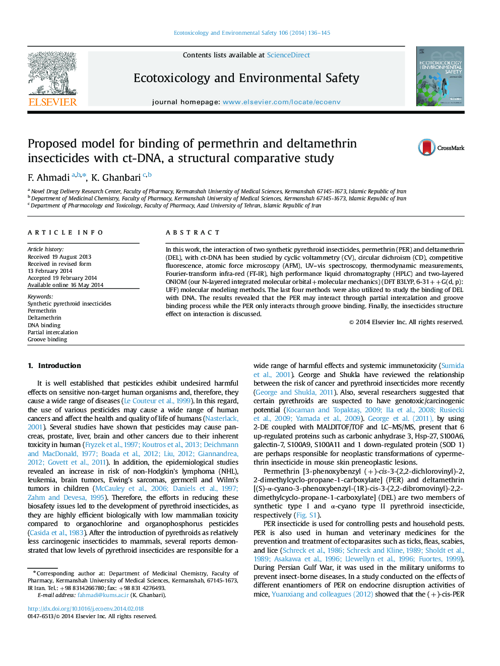 Proposed model for binding of permethrin and deltamethrin insecticides with ct-DNA, a structural comparative study