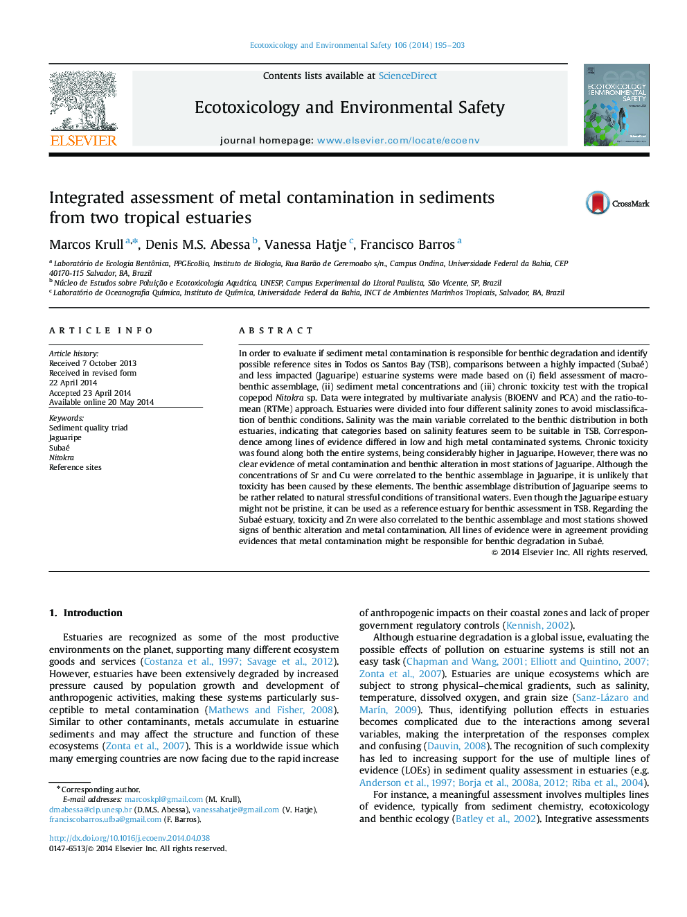 Integrated assessment of metal contamination in sediments from two tropical estuaries