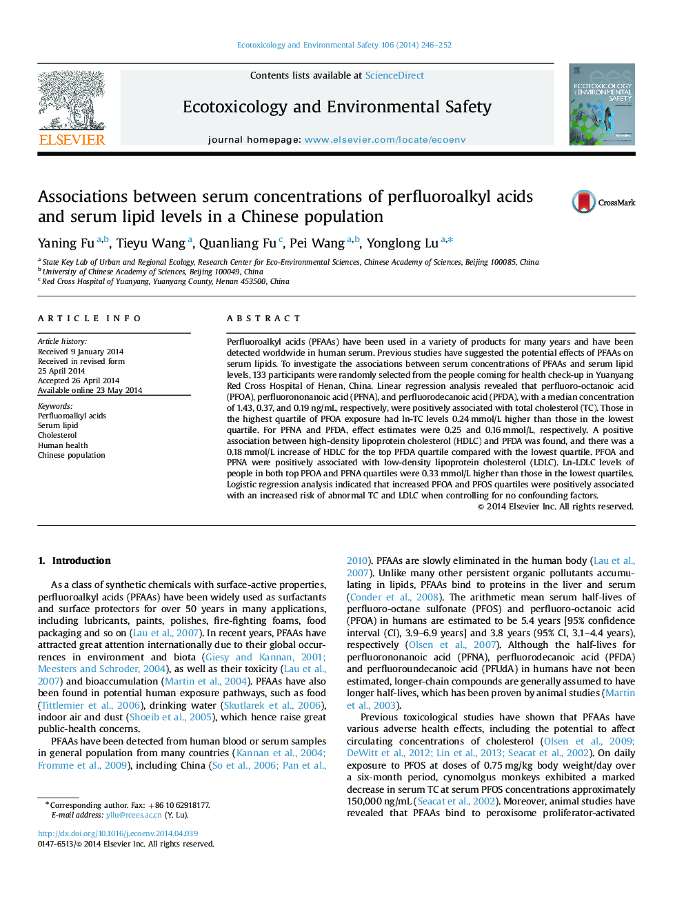 Associations between serum concentrations of perfluoroalkyl acids and serum lipid levels in a Chinese population