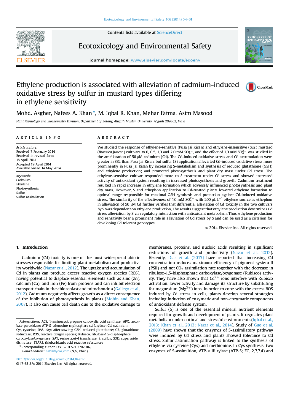 Ethylene production is associated with alleviation of cadmium-induced oxidative stress by sulfur in mustard types differing in ethylene sensitivity