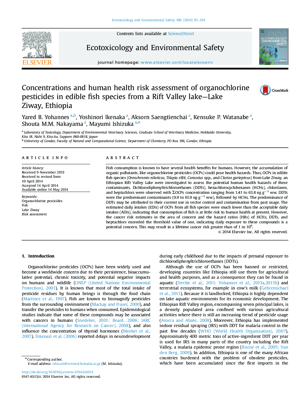 Concentrations and human health risk assessment of organochlorine pesticides in edible fish species from a Rift Valley lake—Lake Ziway, Ethiopia