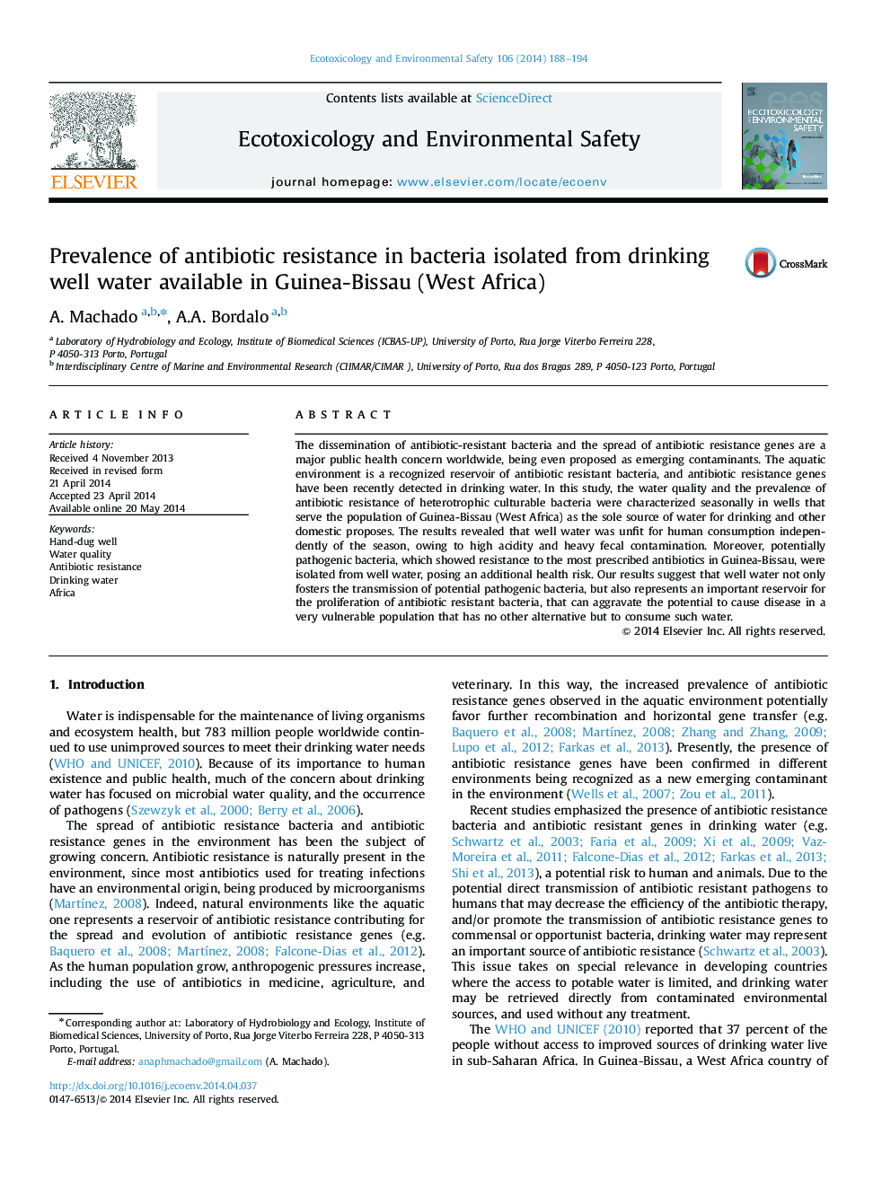 Prevalence of antibiotic resistance in bacteria isolated from drinking well water available in Guinea-Bissau (West Africa)