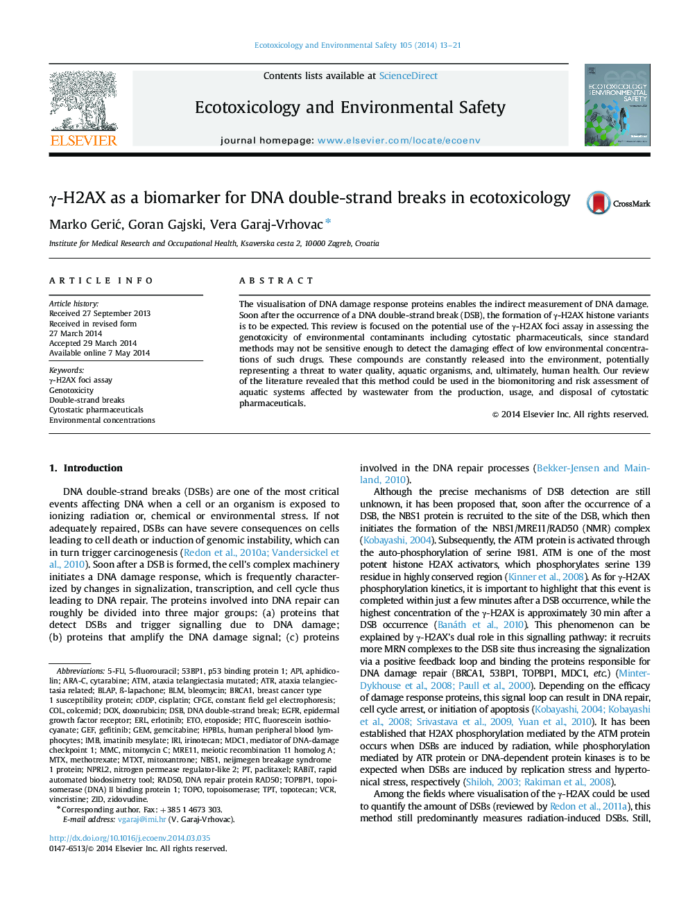 γ-H2AX as a biomarker for DNA double-strand breaks in ecotoxicology