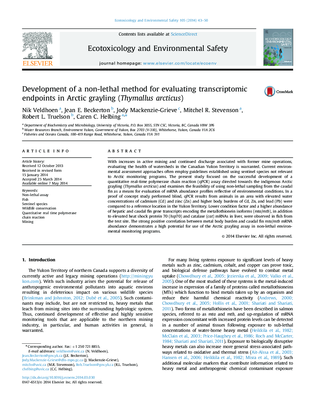 Development of a non-lethal method for evaluating transcriptomic endpoints in Arctic grayling (Thymallus arcticus)