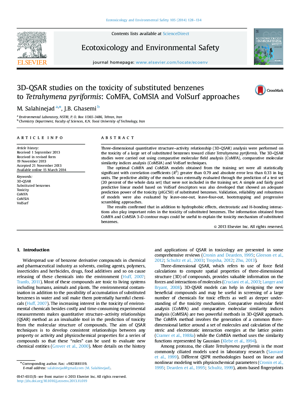 3D-QSAR studies on the toxicity of substituted benzenes to Tetrahymena pyriformis: CoMFA, CoMSIA and VolSurf approaches