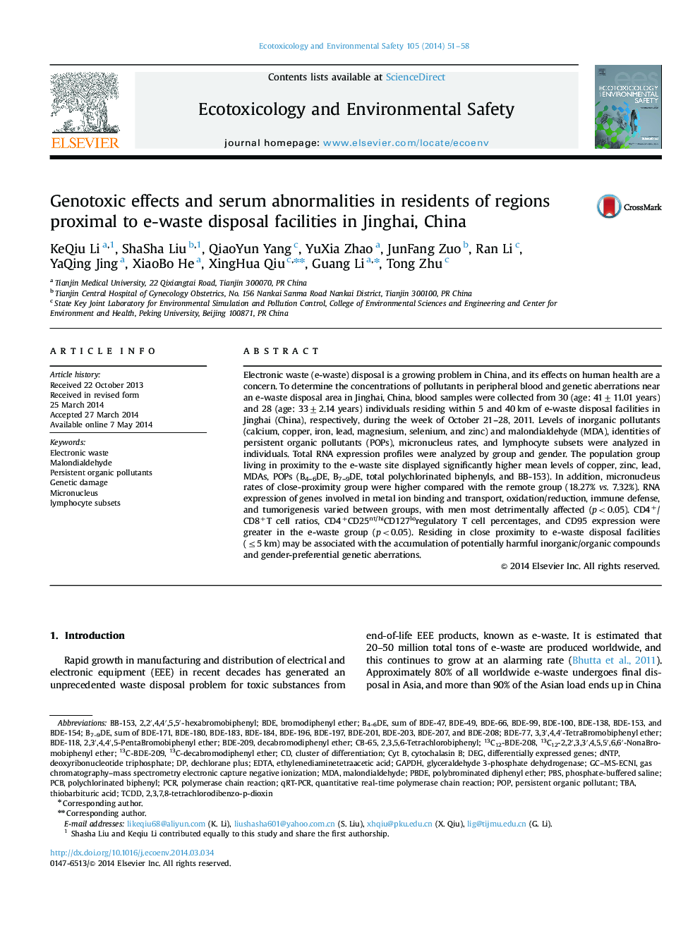 Genotoxic effects and serum abnormalities in residents of regions proximal to e-waste disposal facilities in Jinghai, China
