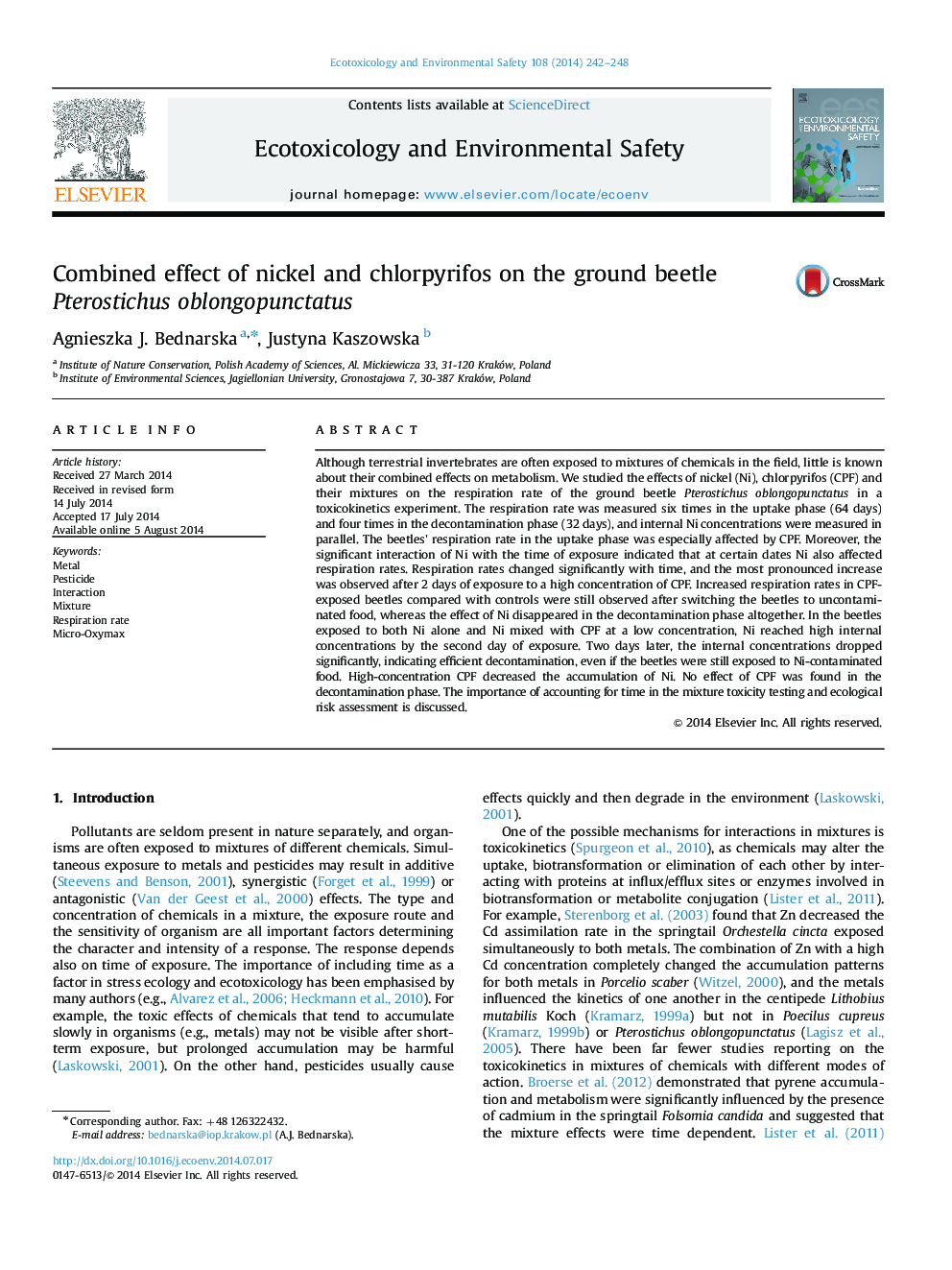 Combined effect of nickel and chlorpyrifos on the ground beetle Pterostichus oblongopunctatus