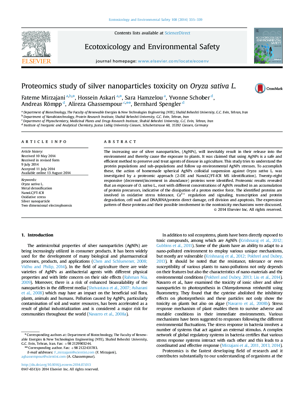 Proteomics study of silver nanoparticles toxicity on Oryza sativa L.