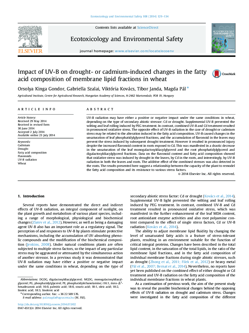 Impact of UV-B on drought- or cadmium-induced changes in the fatty acid composition of membrane lipid fractions in wheat
