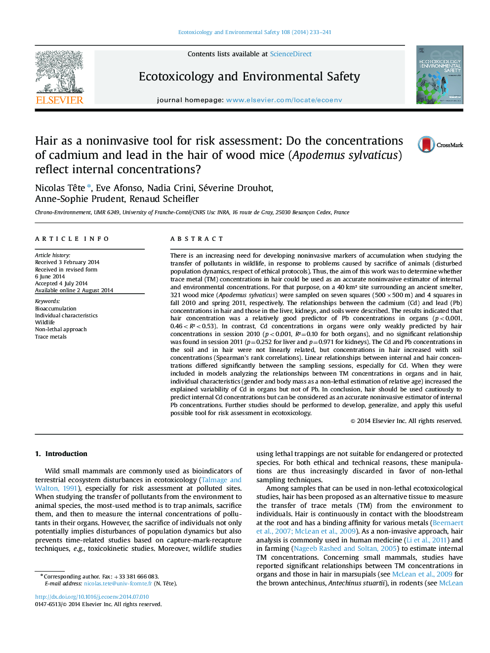 Hair as a noninvasive tool for risk assessment: Do the concentrations of cadmium and lead in the hair of wood mice (Apodemus sylvaticus) reflect internal concentrations?