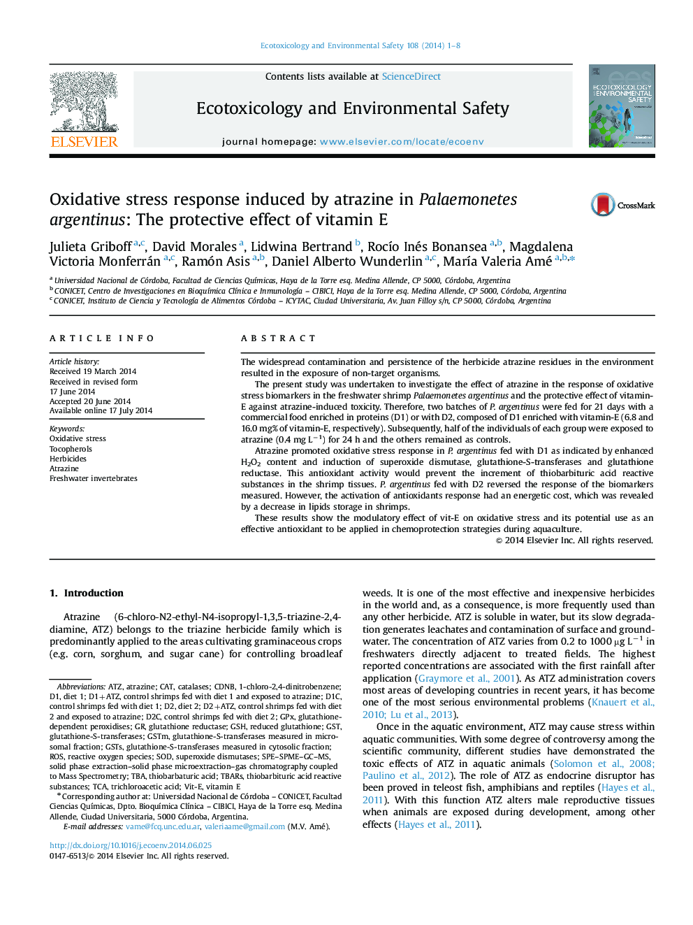 Oxidative stress response induced by atrazine in Palaemonetes argentinus: The protective effect of vitamin E