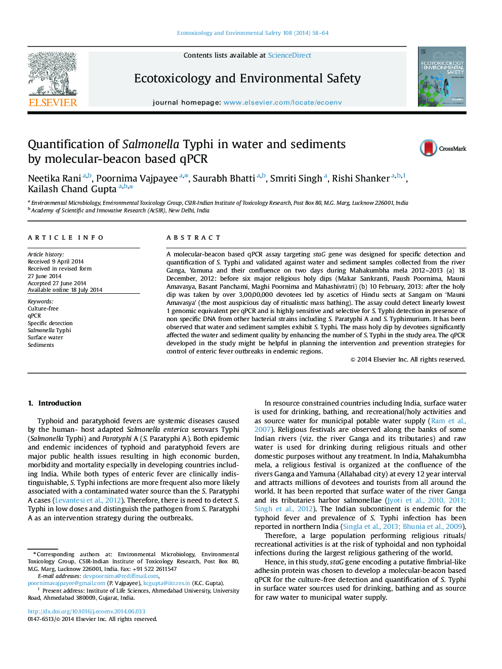 Quantification of Salmonella Typhi in water and sediments by molecular-beacon based qPCR