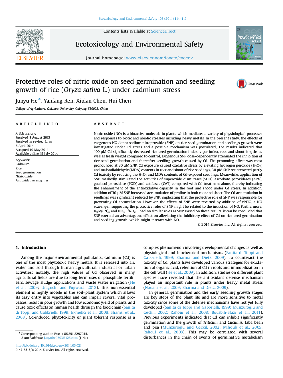 Protective roles of nitric oxide on seed germination and seedling growth of rice (Oryza sativa L.) under cadmium stress