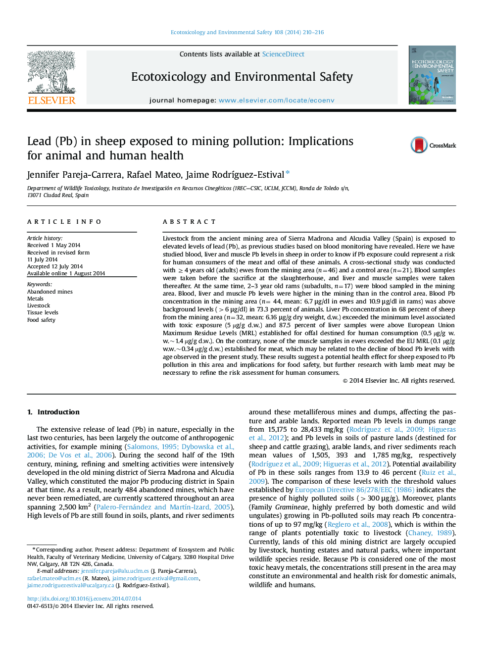 Lead (Pb) in sheep exposed to mining pollution: Implications for animal and human health