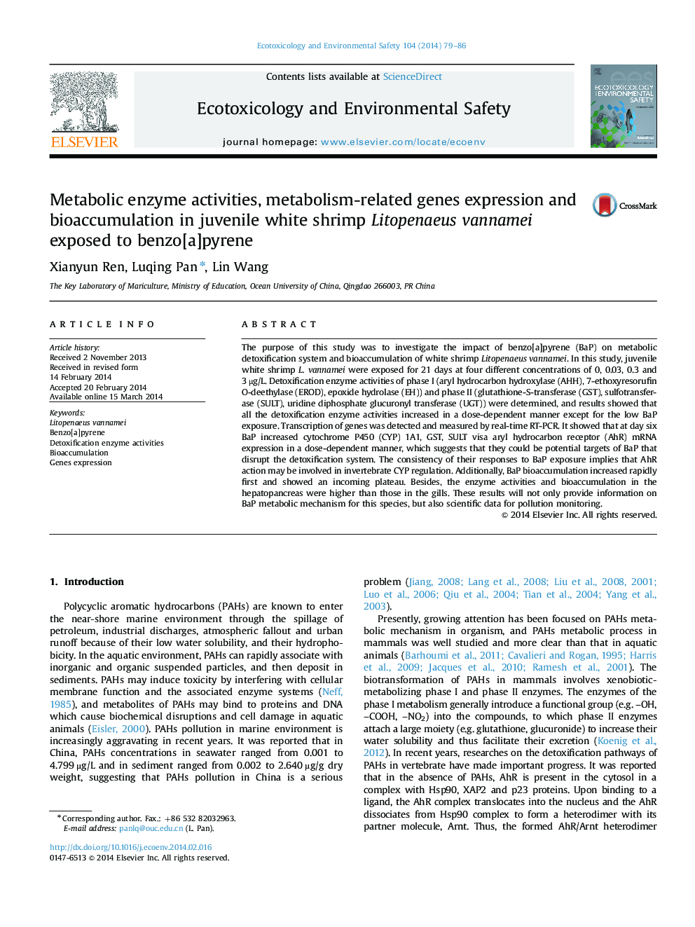 Metabolic enzyme activities, metabolism-related genes expression and bioaccumulation in juvenile white shrimp Litopenaeus vannamei exposed to benzo[a]pyrene