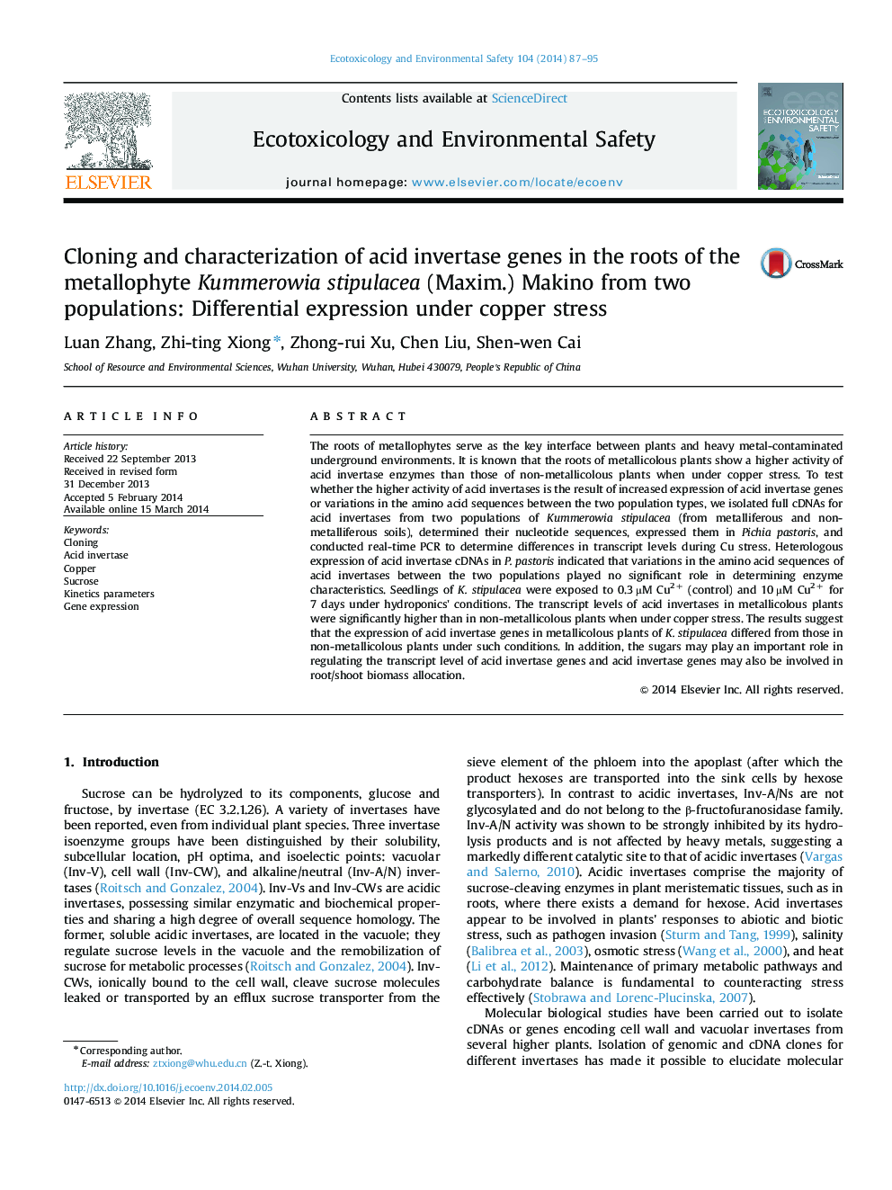 Cloning and characterization of acid invertase genes in the roots of the metallophyte Kummerowia stipulacea (Maxim.) Makino from two populations: Differential expression under copper stress