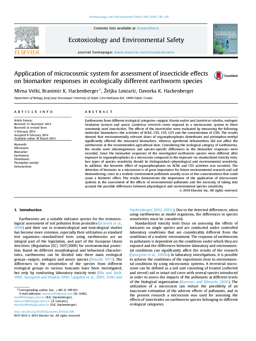 Application of microcosmic system for assessment of insecticide effects on biomarker responses in ecologically different earthworm species