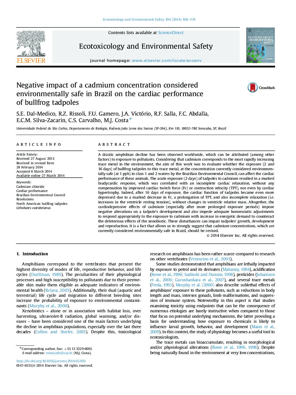 Negative impact of a cadmium concentration considered environmentally safe in Brazil on the cardiac performance of bullfrog tadpoles