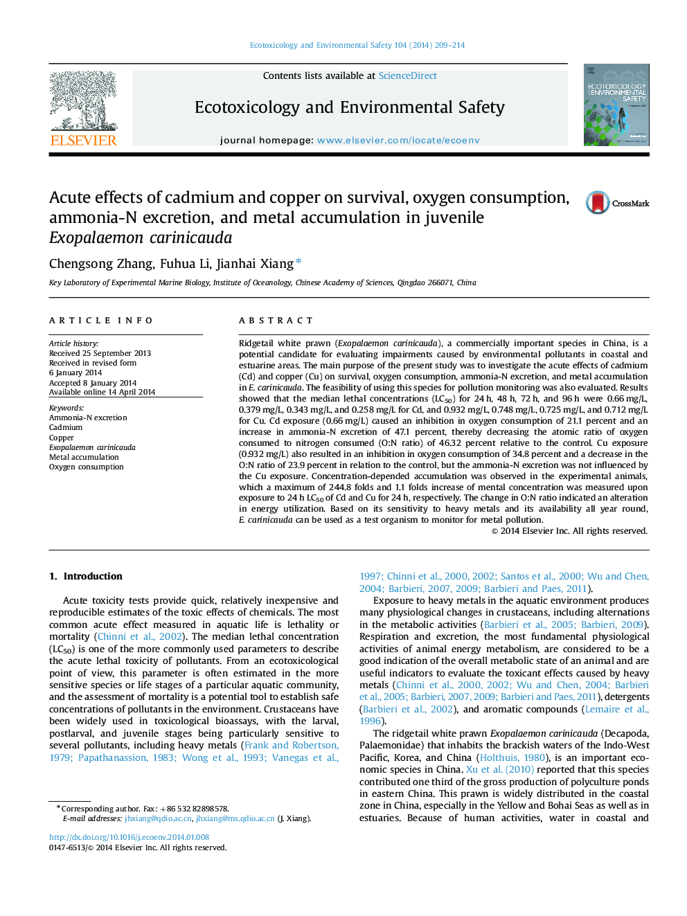 Acute effects of cadmium and copper on survival, oxygen consumption, ammonia-N excretion, and metal accumulation in juvenile Exopalaemon carinicauda