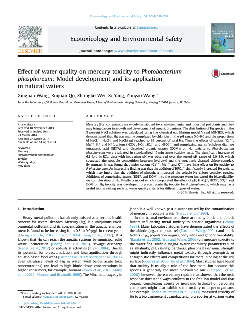 اثر کیفیت آب بر سمیت جیوه به فتوباکتریوم فسفورم: توسعه مدل و کاربرد آن در آبهای طبیعی 