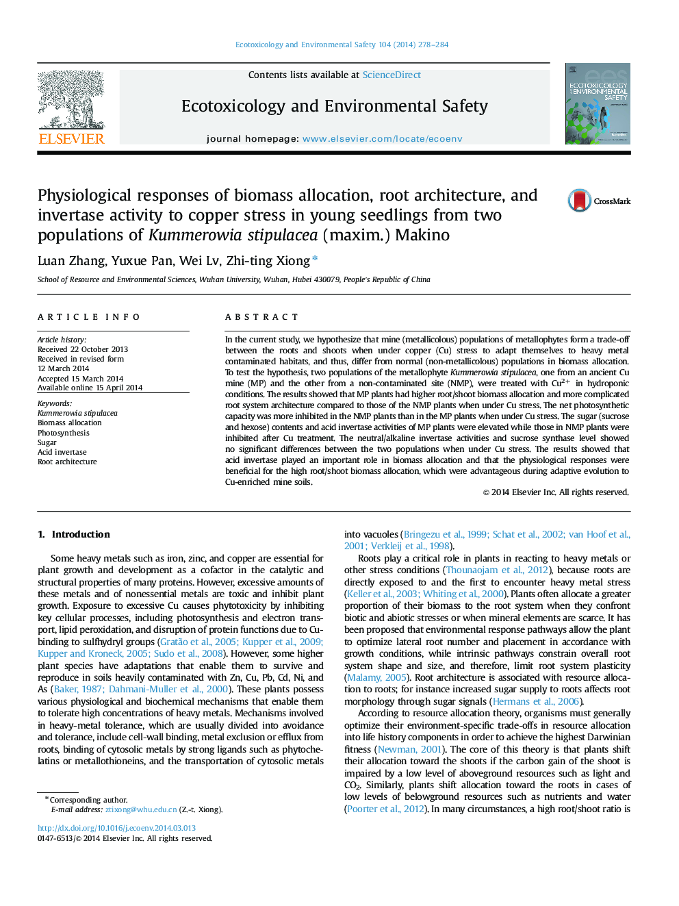 Physiological responses of biomass allocation, root architecture, and invertase activity to copper stress in young seedlings from two populations of Kummerowia stipulacea (maxim.) Makino