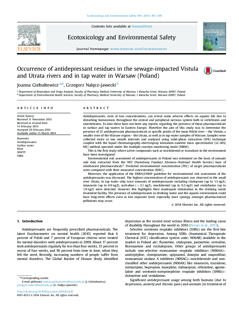 Occurrence of antidepressant residues in the sewage-impacted Vistula and Utrata rivers and in tap water in Warsaw (Poland)