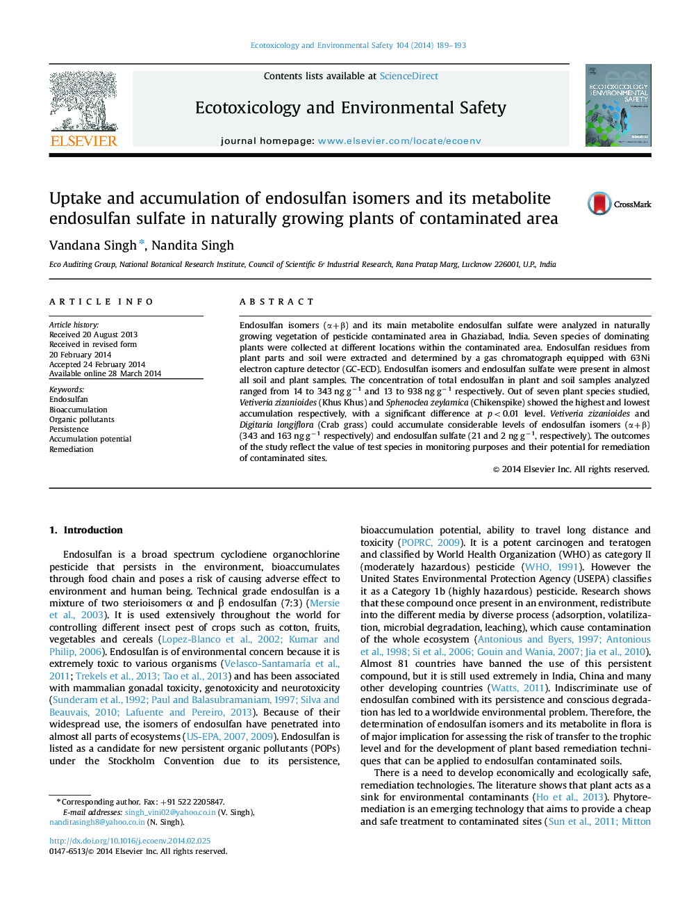 Uptake and accumulation of endosulfan isomers and its metabolite endosulfan sulfate in naturally growing plants of contaminated area